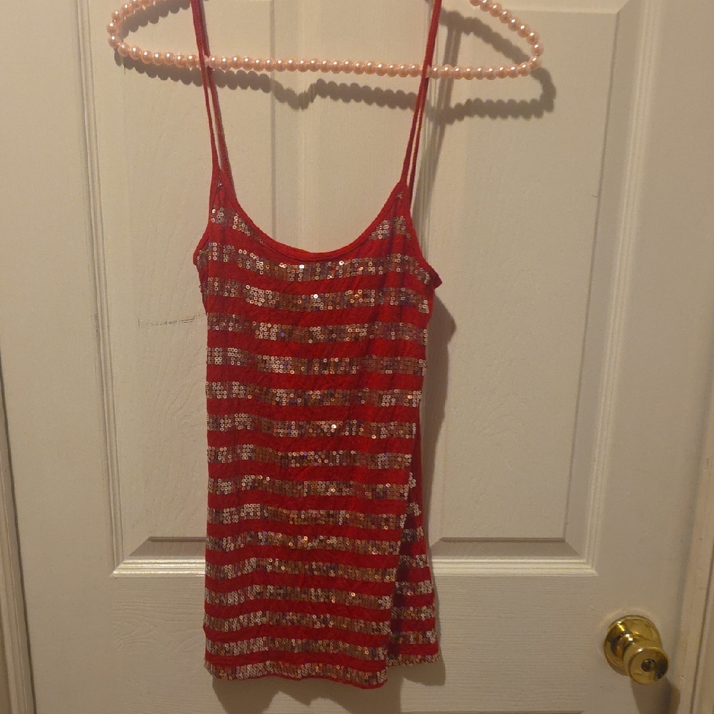 Red and Silver Striped Women's Top